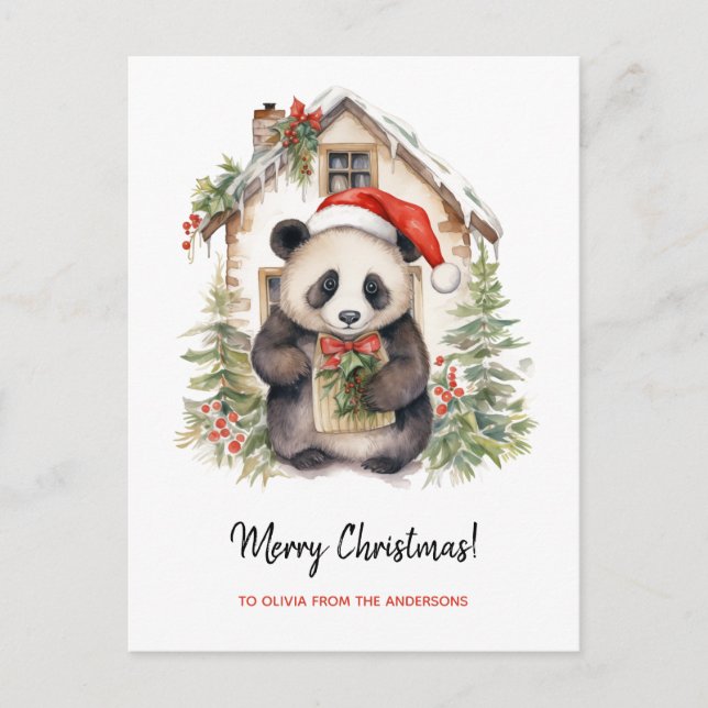 Niedliches Panda Santa Christmas House Postkarte (Vorderseite)