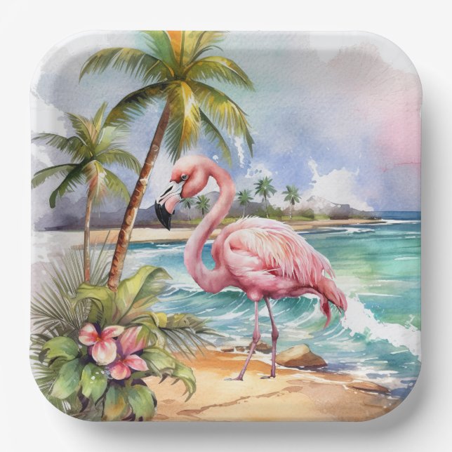 Niedliches Party am Strand Rosa Flamingo Pappteller (Vorderseite)