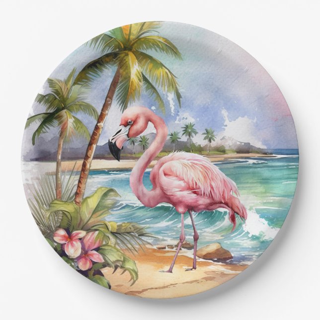 Niedliches Party am Strand Rosa Flamingo Pappteller (Vorderseite)