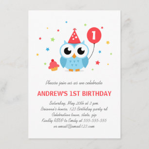 Niedliches Party Eule mit Ballon und Kuchen Geburt Einladung
