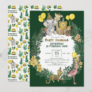 Niedliches Party für Grüne Safari Tiere Kindergebu Einladung