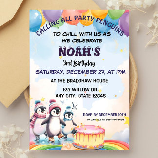 Niedliches Party Geburtstag Boy Watercolor Pinguin Einladung