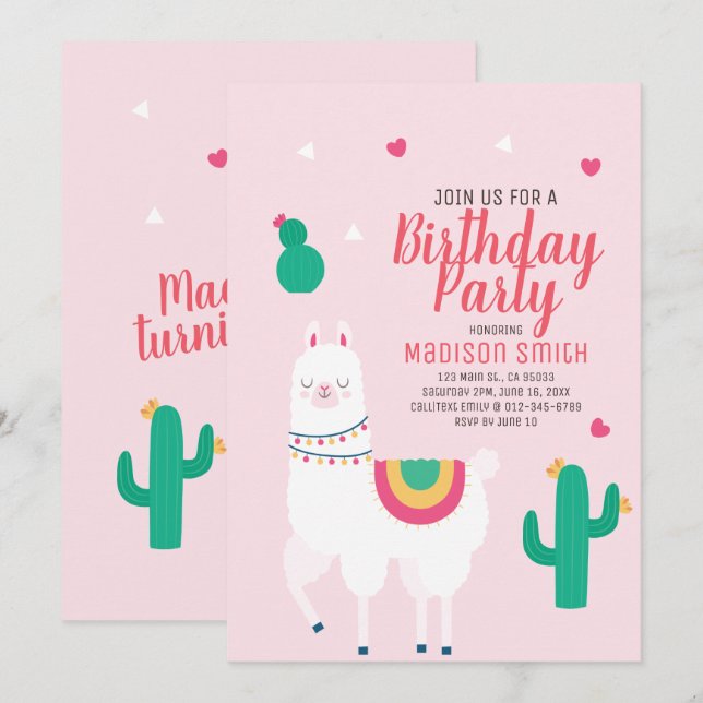 Niedliches Party Llama Geburtstag Einladung (Vorne/Hinten)