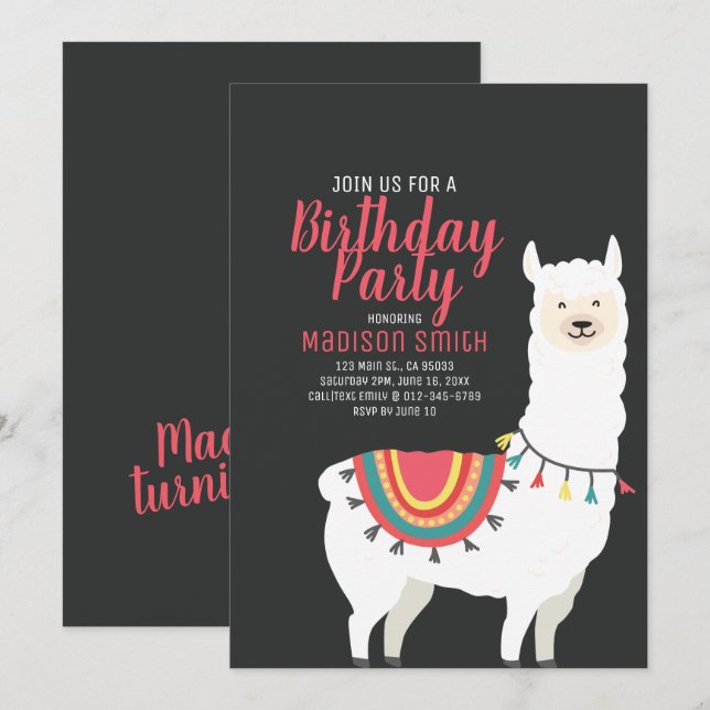 Niedliches Party Llama und Balloon Einladung zum G (Vorne/Hinten)