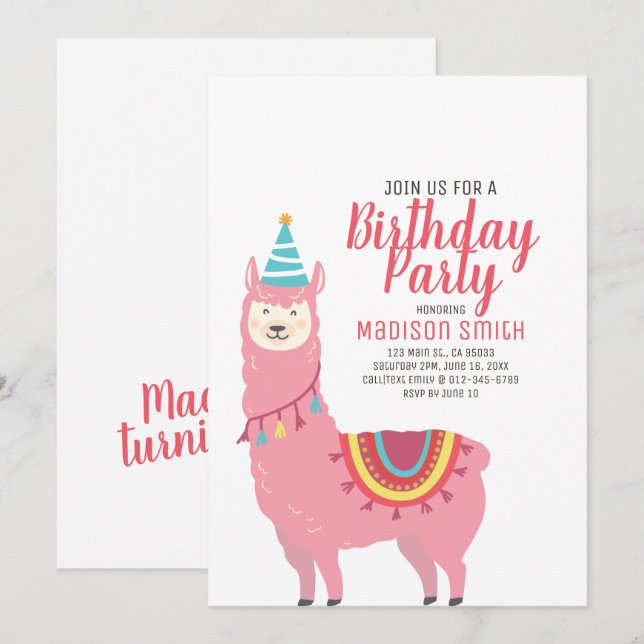 Niedliches Party Llama und Balloon Einladung zum G (Vorne/Hinten)