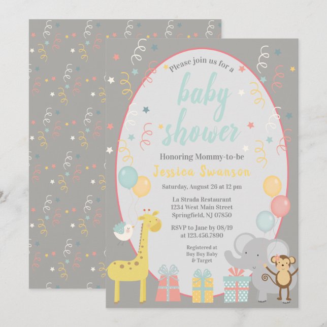 Niedliches Party Tiere Kinderdusche Einladung - Bl (Vorne/Hinten)