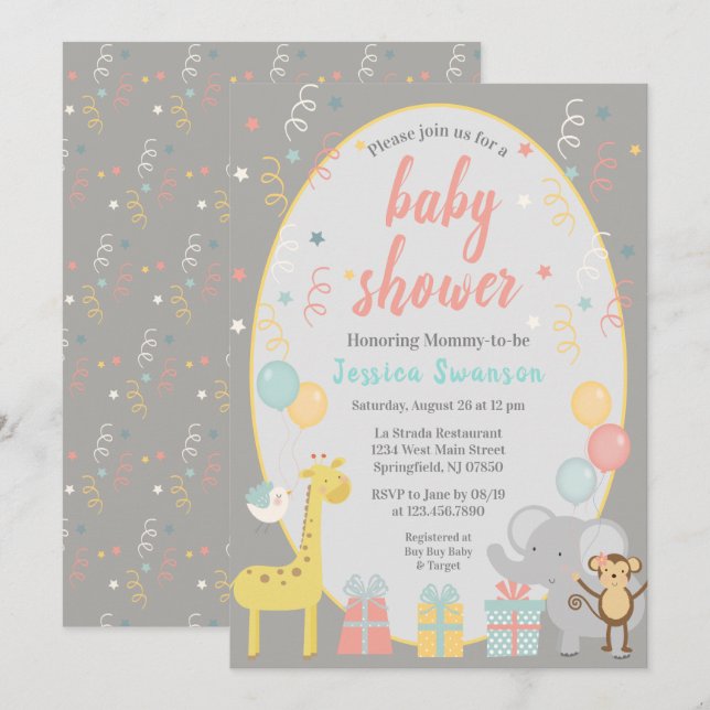 Niedliches Party Tiere Kinderdusche Einladung - Ro (Vorne/Hinten)