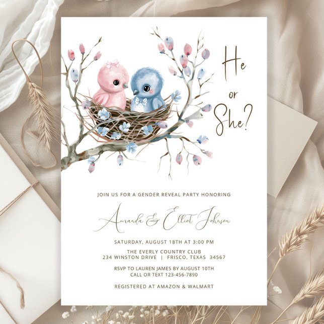 Niedliches Party von Vögeln bei Säuglingen Einladung (Adorable baby boy and baby girl birds in nest gender reveal baby shower invitation. )