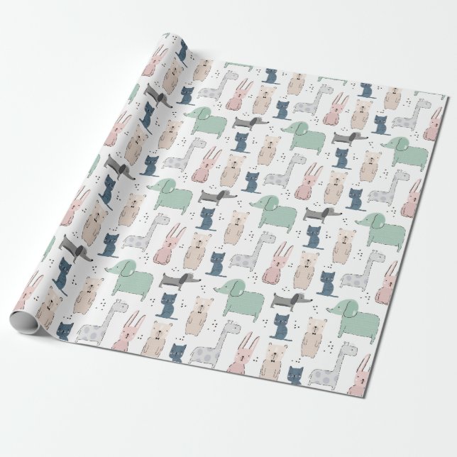 Niedliches Pastel Baby-Tiermuster Geschenkpapier (Ungerollt)