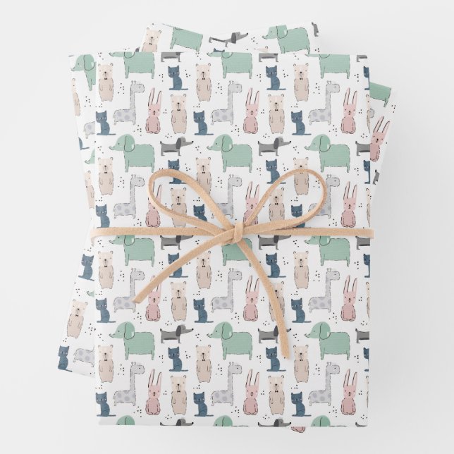 Niedliches Pastel Baby-Tiermuster Geschenkpapier Set (Beispiel)