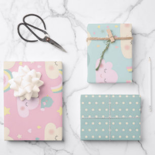Niedliches Pastel Kawaii Wolken Regenbogenmuster Geschenkpapier Set