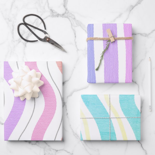 Niedliches Pastel-Rainbow-Farbstreifenmuster Geschenkpapier Set (Vorderseite)