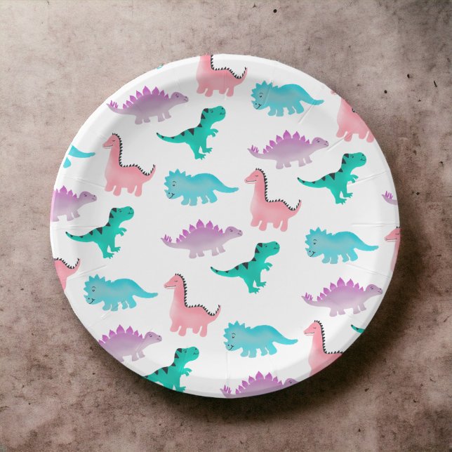 Niedliches, pastelfarbenes Dinosaurier-Muster Pappteller (Cute whimsical pastel watercolor dinosaurs pattern paper plates)