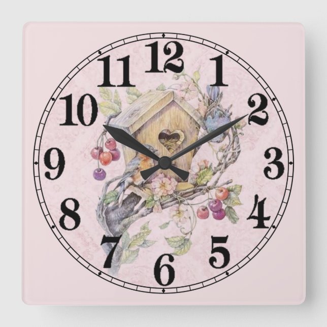 Niedliches Pastell-Vogelhaus Quadratische Wanduhr (Vorderseite)