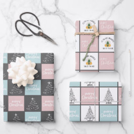 Niedliches pastellrosa und blaues Weihnachtsmuster Geschenkpapier Set