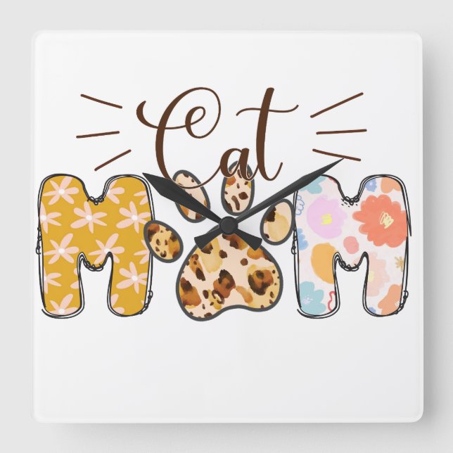 NIEDLICHES PATCH GEMUSTERTES CAT-MAMA-SPRICHWORT QUADRATISCHE WANDUHR (Vorderseite)