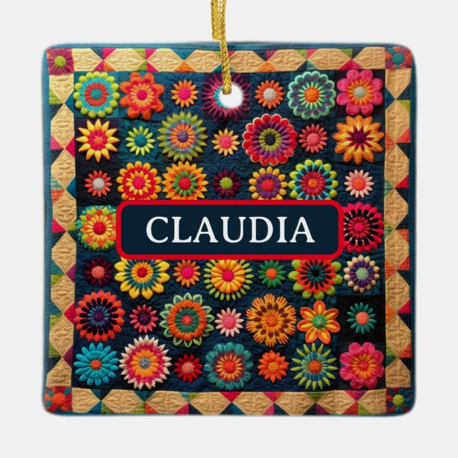 Niedliches Patchwork Floral Quilt Weihnachten Keramikornament (Vorderseite)