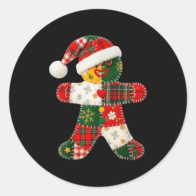 Niedliches Patchwork Gingerbrei Mann Weihnachten M Runder Aufkleber (Vorderseite)