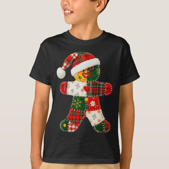 Niedliches Patchwork Gingerbrei Mann Weihnachten M T-Shirt (Vorderseite)