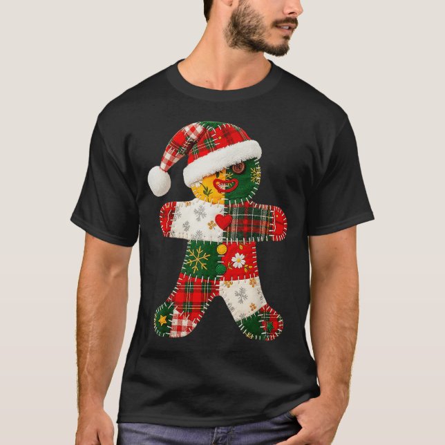 Niedliches Patchwork Gingerbrei Mann Weihnachten M T-Shirt (Vorderseite)