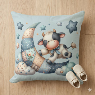 Niedliches Patchwork Kuh Over Moon mit Stars Kissen