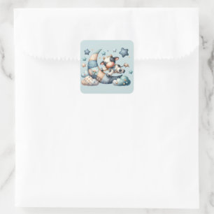 Niedliches Patchwork Kuh Over Moon mit Stars Quadratischer Aufkleber