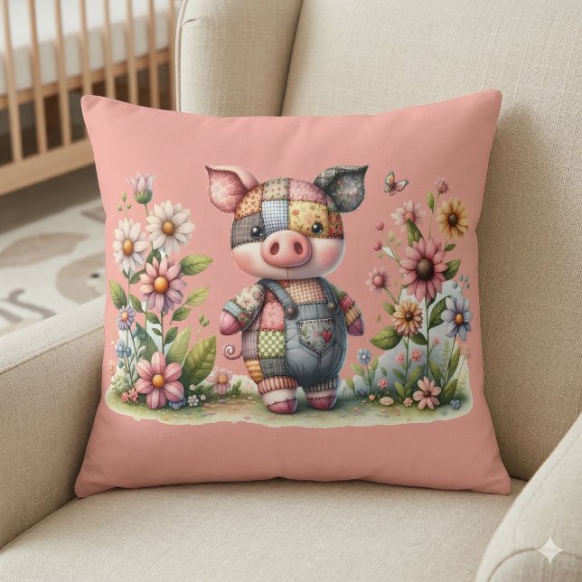 Niedliches Patchwork Piglet im Blumengarten Kissen (Cute Patchwork Piglet in Floral Garden Throw Pillow Mockup A.)