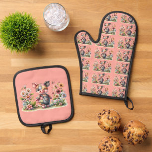 Niedliches Patchwork Piglet im Blumengarten Ofenhandschuh & Topflappen-Set