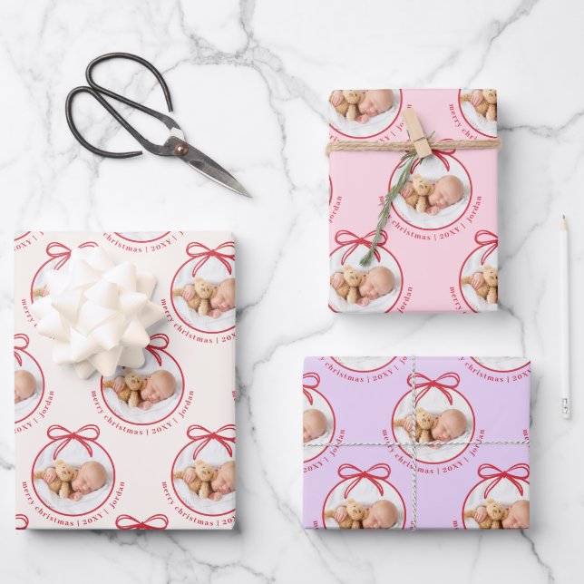 Niedliches Pattern Baby Girl Foto Weihnachten Geschenkpapier Set (Vorderseite)