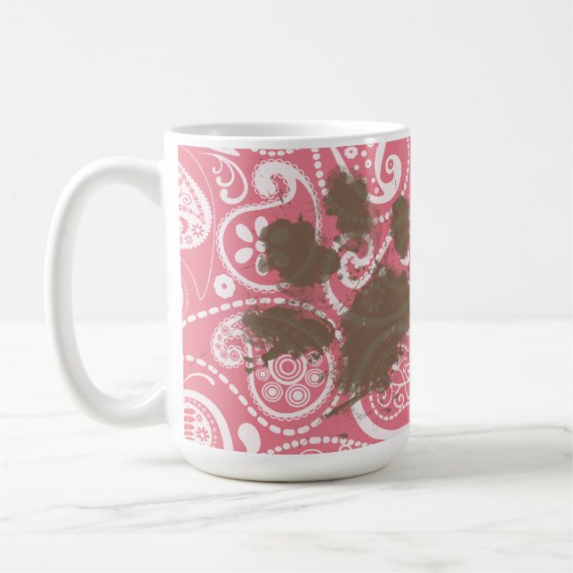 Niedliches Pawprint erröten an rosa Paisley Kaffeetasse (Links)