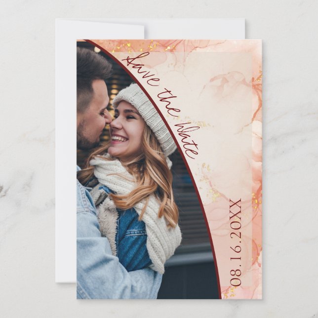 Niedliches Peach Gold Marmor Foto Hochzeit speiche Ankündigung (Vorderseite)