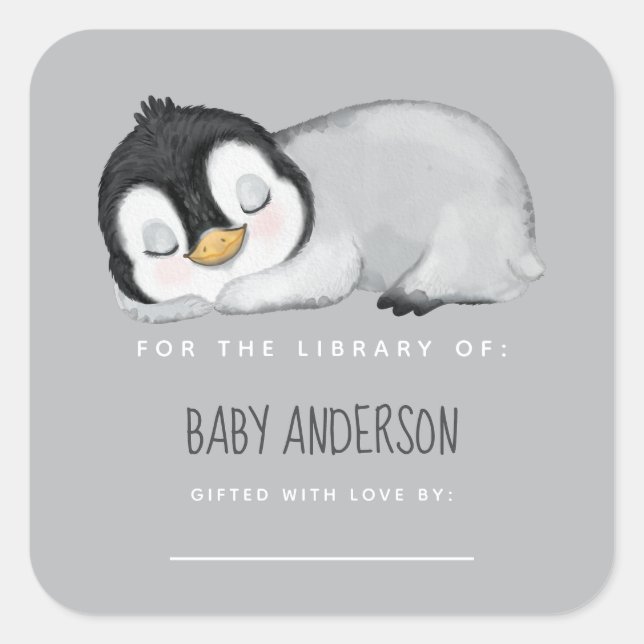Niedliches Penguin Baby Dusche Buchzeichen Quadratischer Aufkleber (Vorderseite)