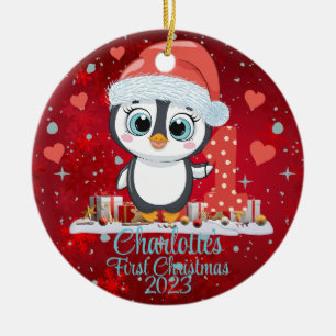 Niedliches Penguin Baby's First Christmas Red Keramik Ornament