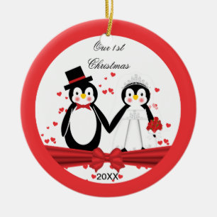 Niedliches Penguin-Braut-u. Bräutigam-Hochzeits-1. Keramikornament