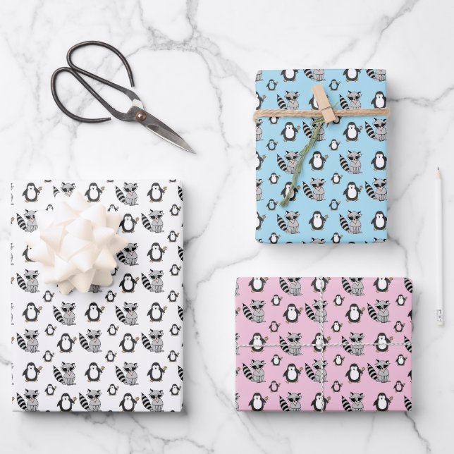 Niedliches Penguin Racoon Buddies Baby-Geschenk Geschenkpapier Set (Vorderseite)