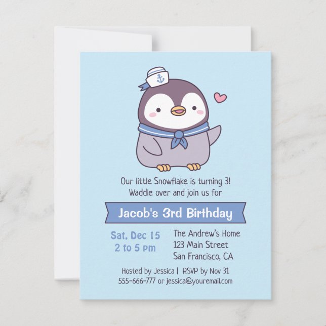 Niedliches Penguin Sailor Kindergeburtstag Party Einladung (Vorderseite)