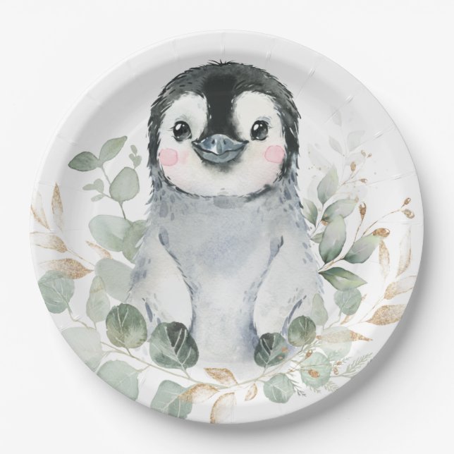 Niedliches Penguin Winter Onederland Grüne Gold Pa Pappteller (Vorderseite)