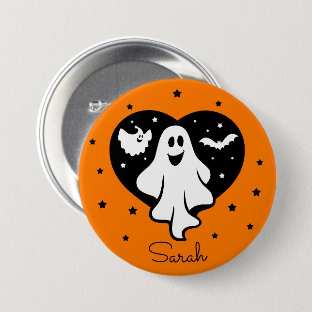 Niedliches Personalisieren des Halloween-Geisterhe Button (Vorne & Hinten)