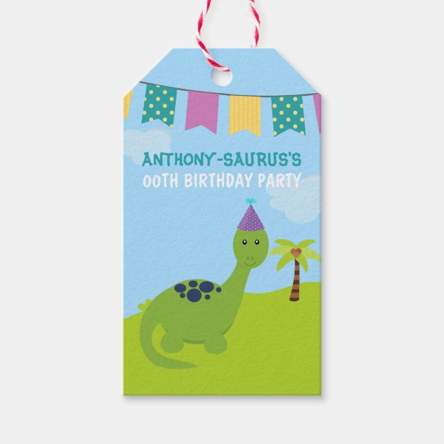 Niedliches Personalisiertes Dinosaurier-Party Geschenkanhänger (Vorderseite)