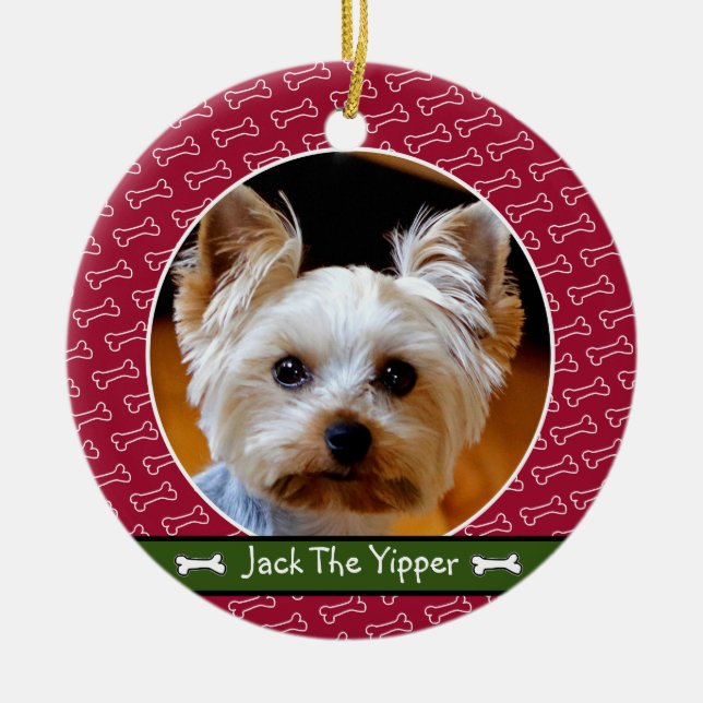Niedliches Personalisiertes Dog Knochen Rotes Grün Keramik Ornament (Vorne)