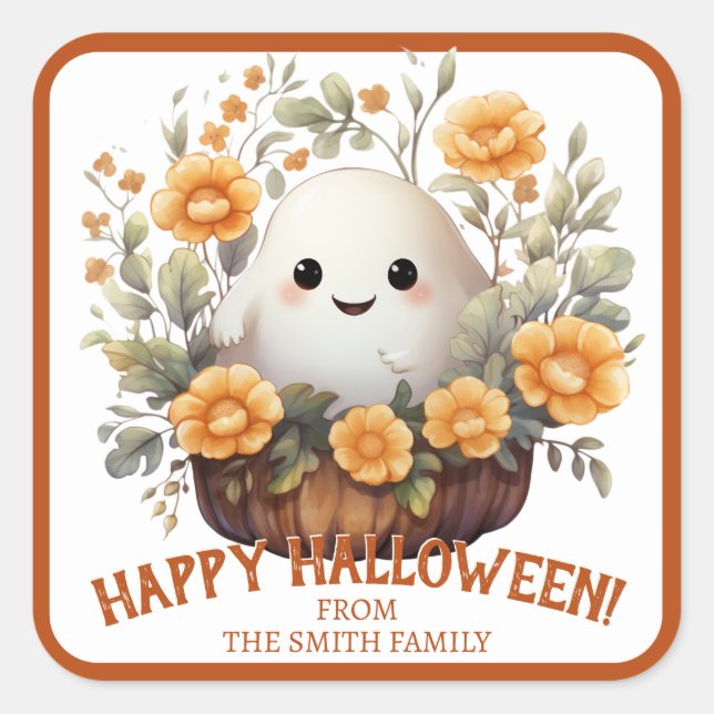 Niedliches Personalisiertes Halloween-Ghost Quadratischer Aufkleber (Vorderseite)
