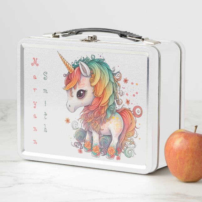 Niedliches Personalisiertes Rainbow Einhorn Lunch  Metall Brotdose (Beispiel)