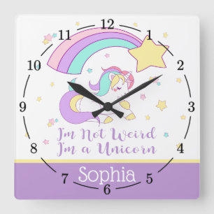 Niedliches Personalisiertes Regenbogen-Einhorn Quadratische Wanduhr