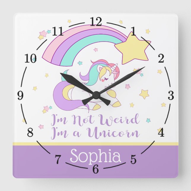 Niedliches Personalisiertes Regenbogen-Einhorn Quadratische Wanduhr (Vorderseite)
