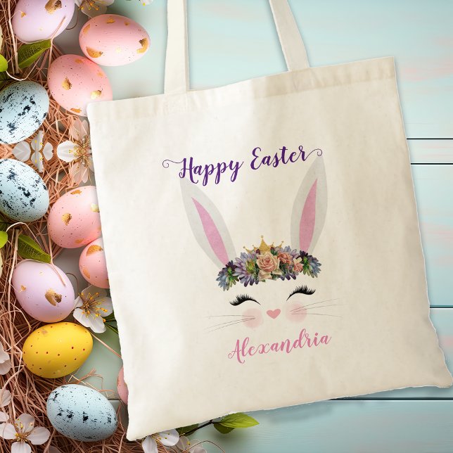 Niedliches Personalisiertes Rosa Florentiner Oster Tragetasche (Cute Personalized Pink Floral Easter Bunny Girl Tote Bag)