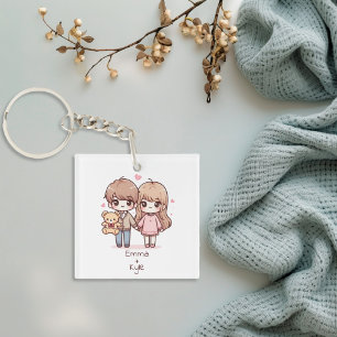Niedliches Personalisiertes Teddybärpaar im Chibi- Schlüsselanhänger