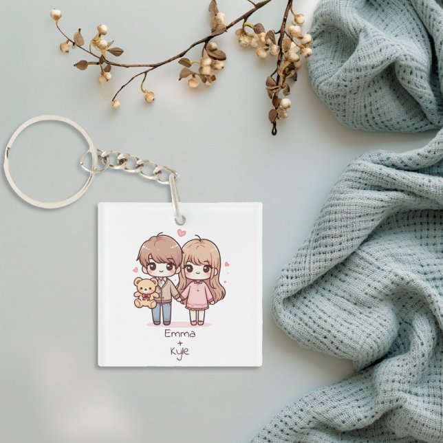 Niedliches Personalisiertes Teddybärpaar im Chibi- Schlüsselanhänger (Cute Personalized Chibi-Style Teddy Bear Couple Keychain)