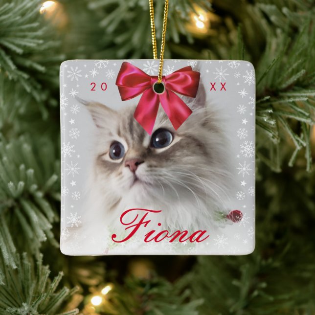 Niedliches Pet-Foto | Snowflake Frame und Ribbon B Keramikornament (Baum)