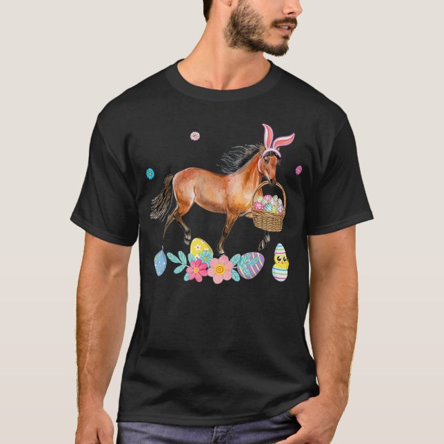 Niedliches Pferd Bunny Ears Ostereier Korbgeflecht T-Shirt (Vorderseite)