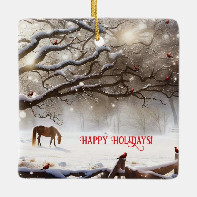 Niedliches Pferd in Weide mit Kardinälen Weihnacht Keramikornament (Vorderseite)